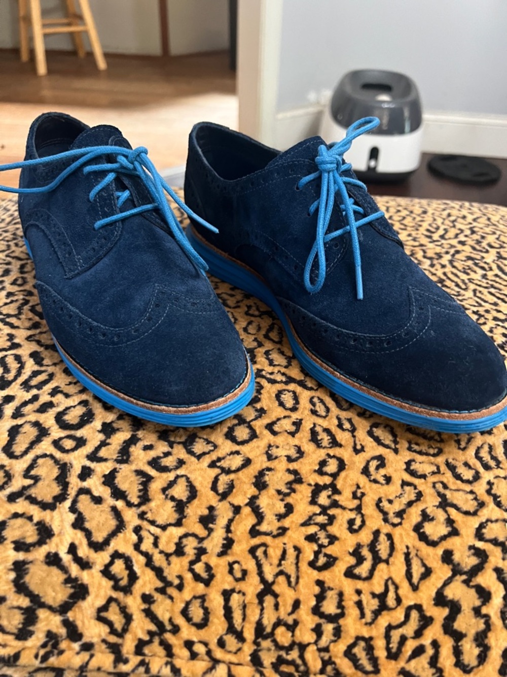 Cole Haan Navy Suede Wingtip Oxfords with Bright Blue Laces and Trim